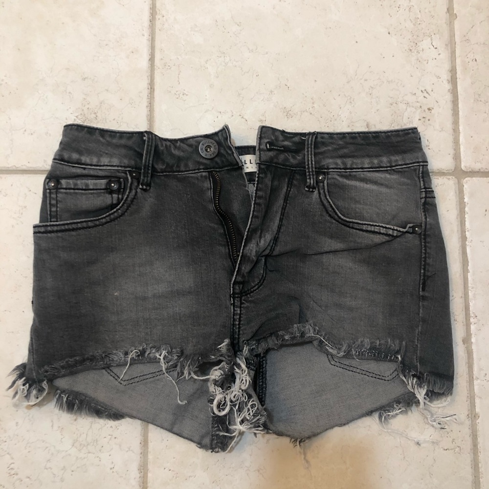 High rise black/dark grey distressed jean shorts
